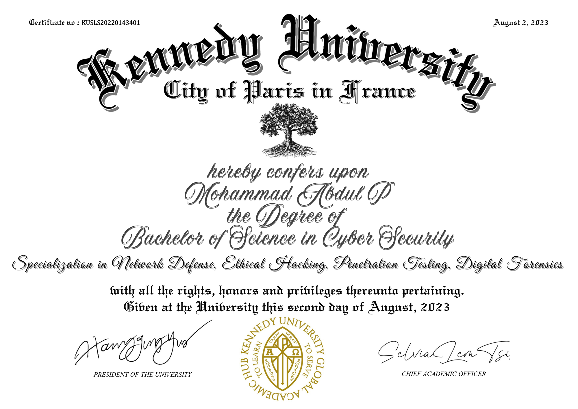 BSCS Degree Certificate